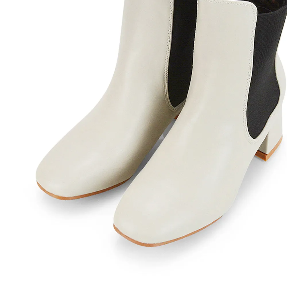 Anabella Slip on Elasticated Mid-Block Heel Chelsea Ankle Boots in Stone