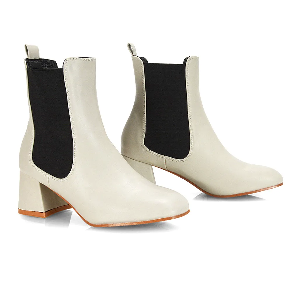 Anabella Slip on Elasticated Mid-Block Heel Chelsea Ankle Boots in Stone