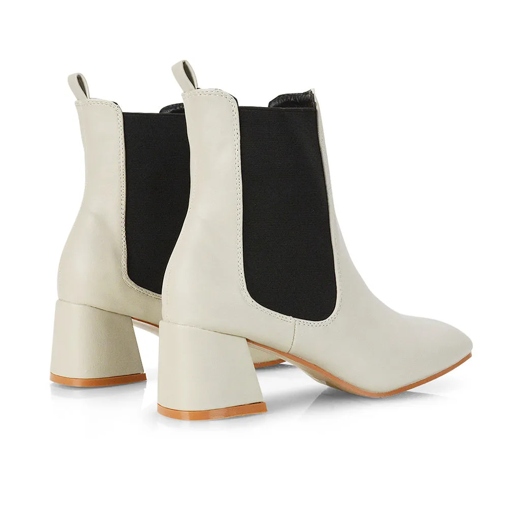 Anabella Slip on Elasticated Mid-Block Heel Chelsea Ankle Boots in Stone