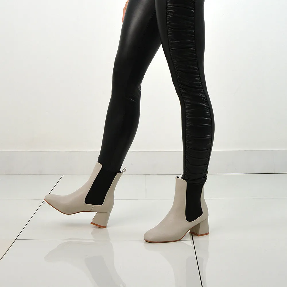 Anabella Slip on Elasticated Mid-Block Heel Chelsea Ankle Boots in Stone