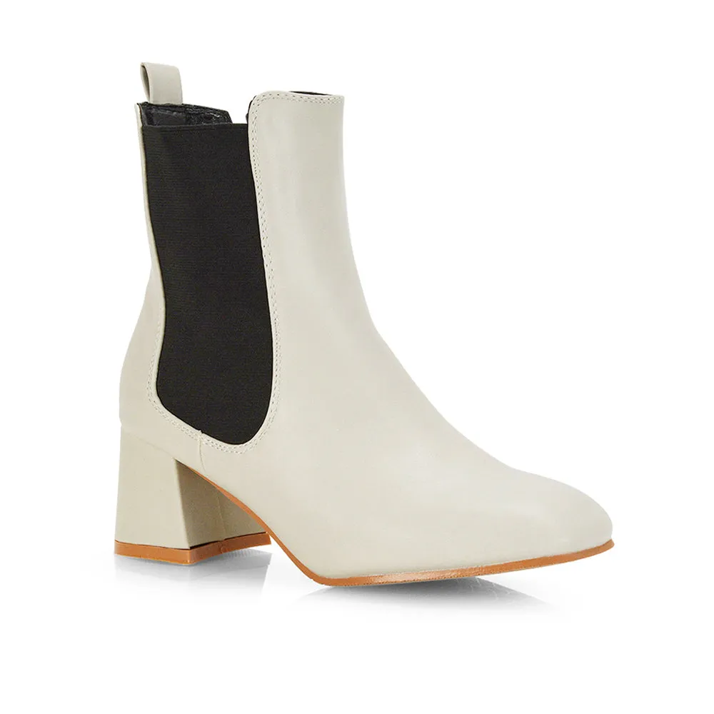 Anabella Slip on Elasticated Mid-Block Heel Chelsea Ankle Boots in Stone