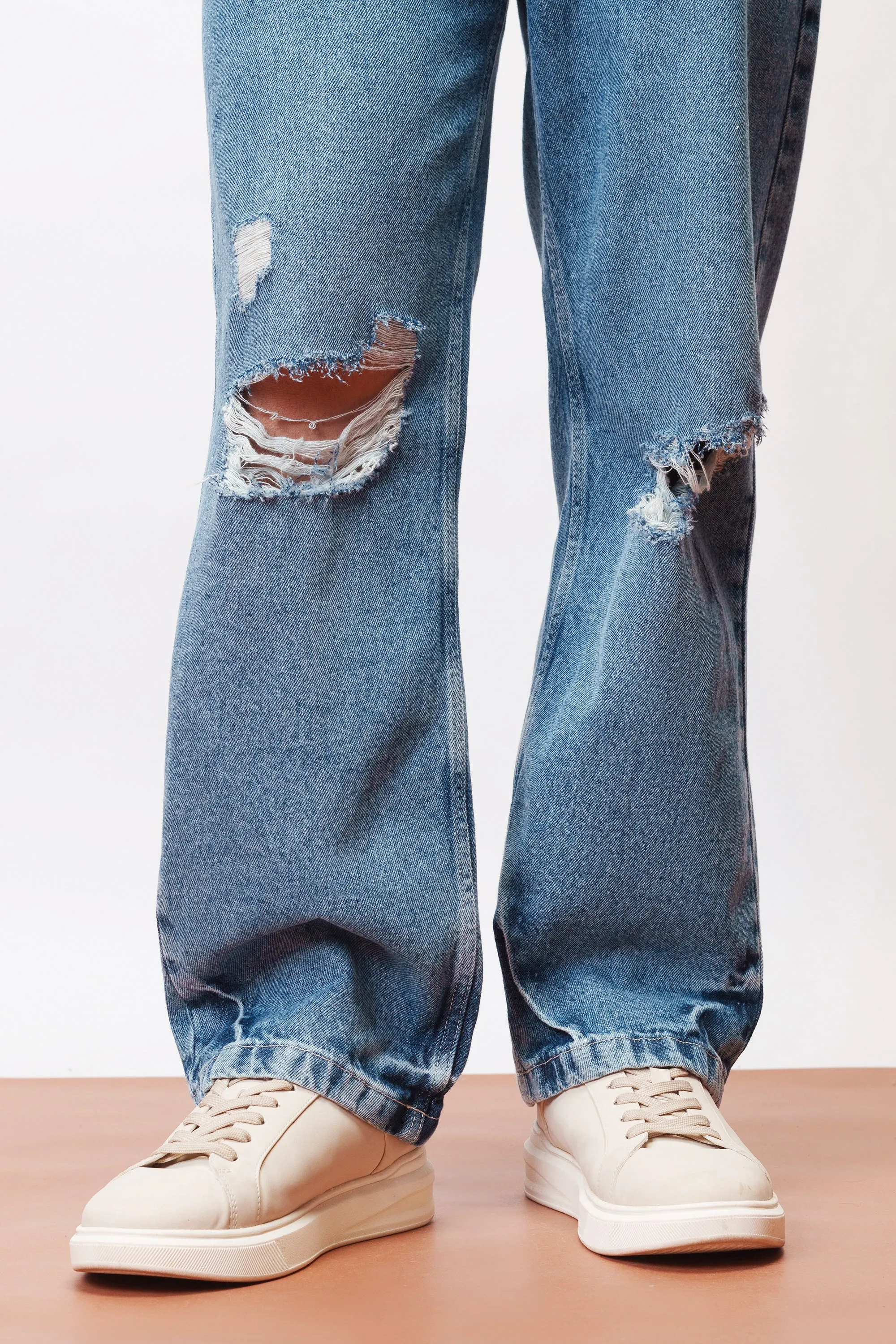 Basic Blue Knee Ripped Men's Straight Jeans