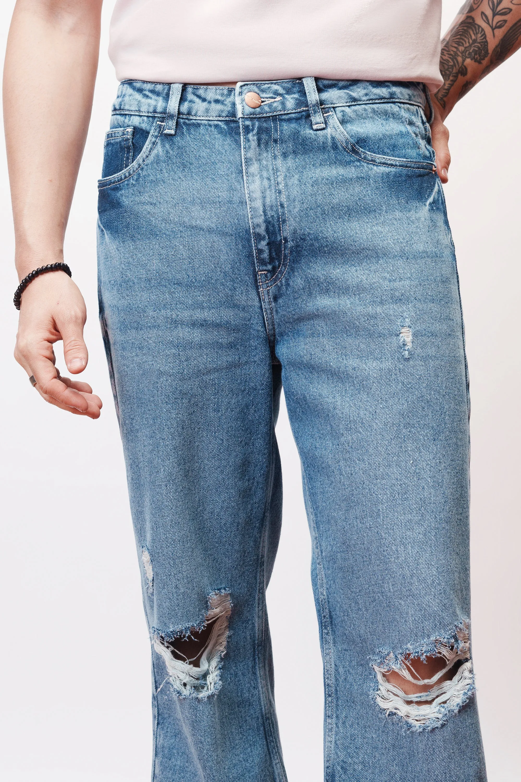 Basic Blue Knee Ripped Men's Straight Jeans