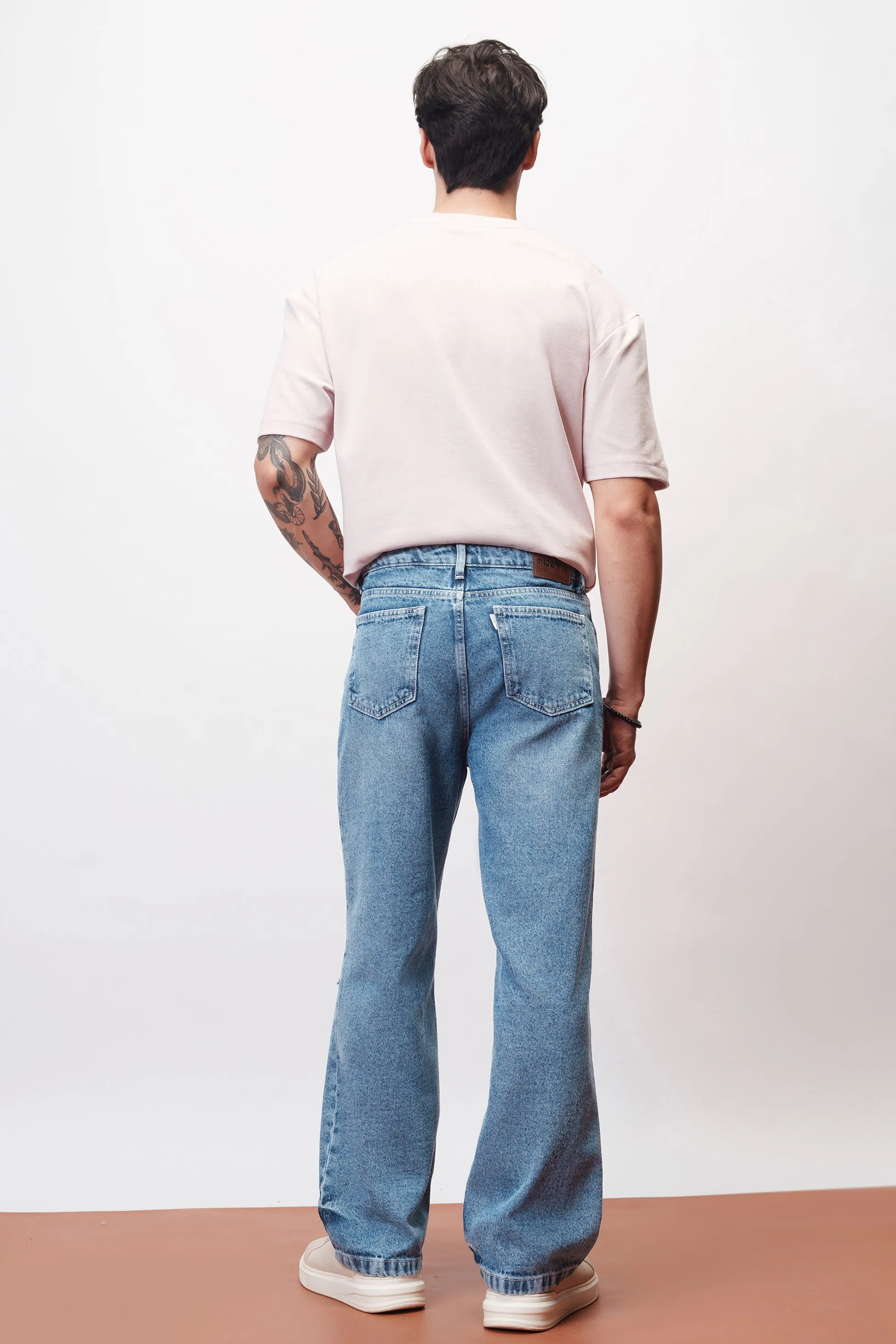 Basic Blue Knee Ripped Men's Straight Jeans