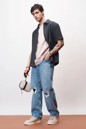 Basic Blue Knee Ripped Men's Straight Jeans