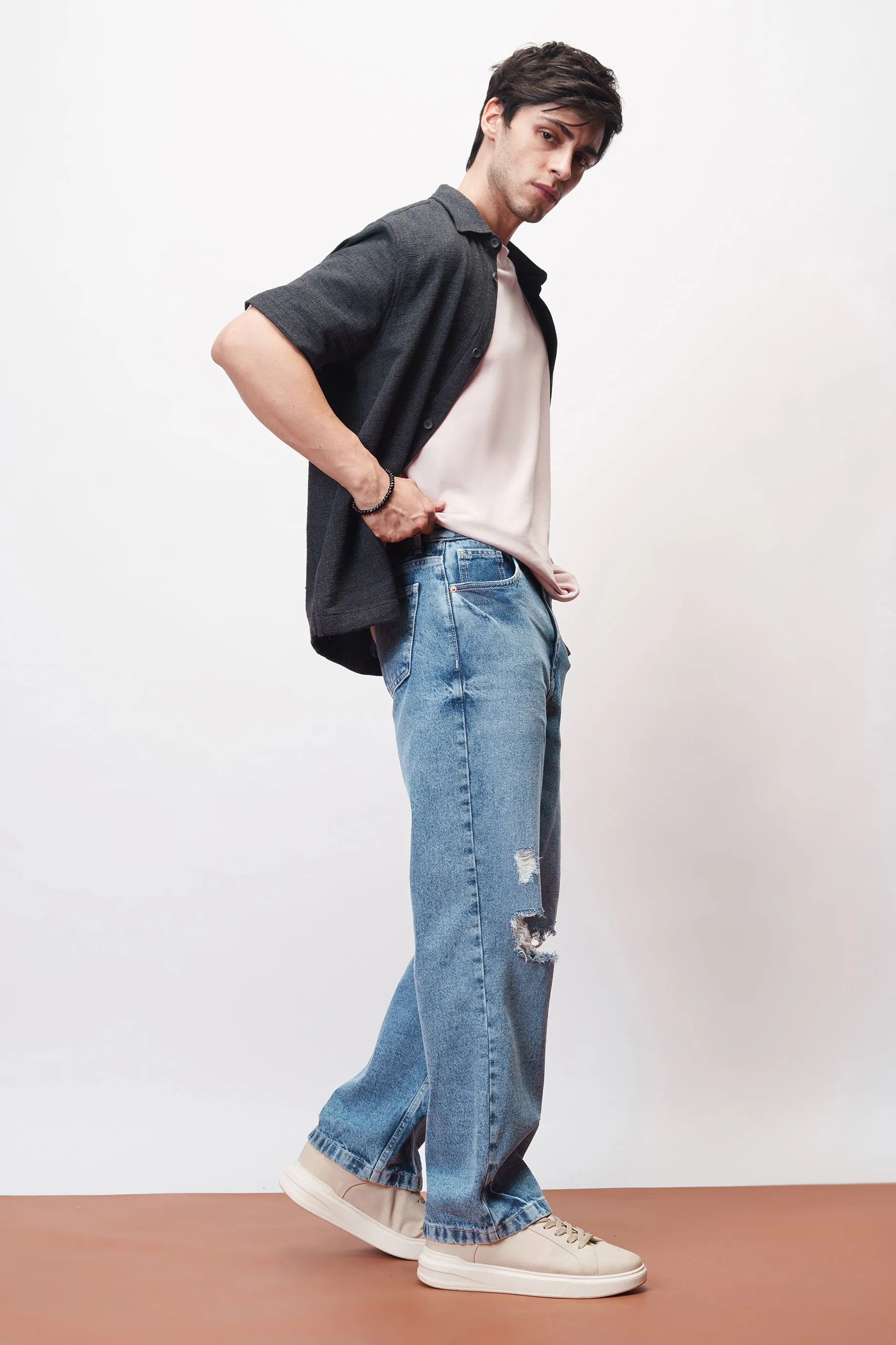 Basic Blue Knee Ripped Men's Straight Jeans