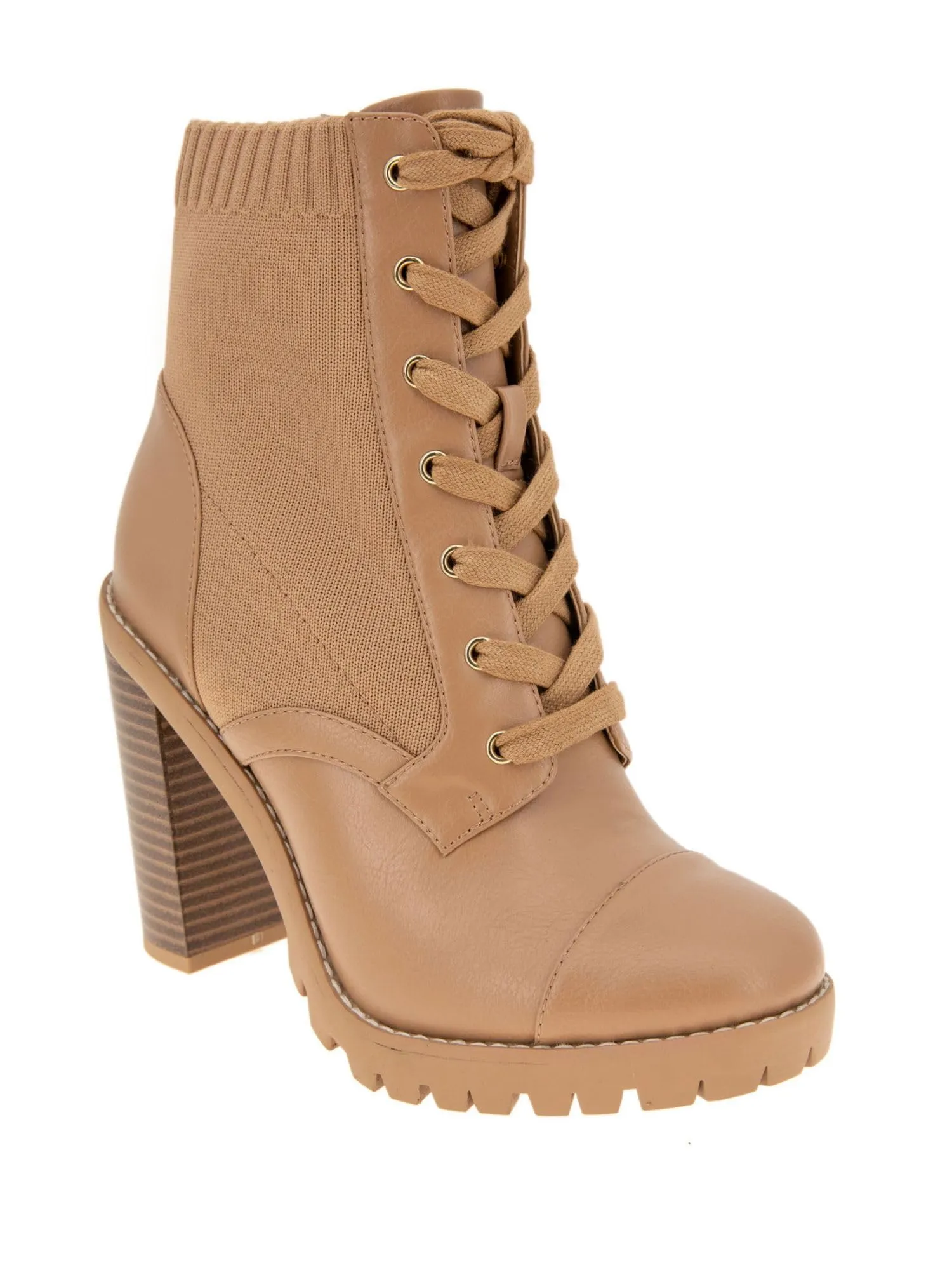 BCBGeneration Womens Beige 1-1/2"" Platform Padded Stretch Pilas Round Toe Stacked Heel Zip-Up Heeled Boots 8 M