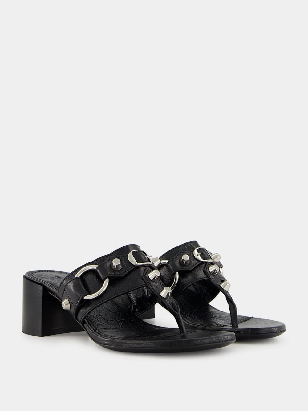 Black Mid-Heel City Tong Sandals