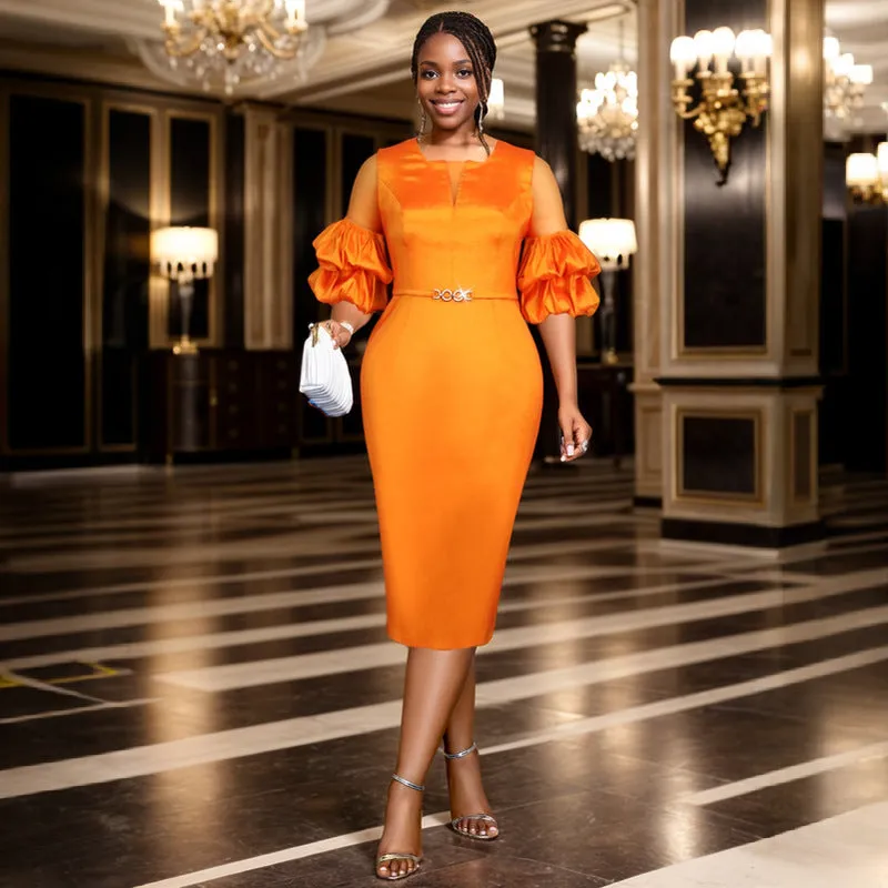 Chic Belted Midi Dress with Elegant Lace Puff Sleeves