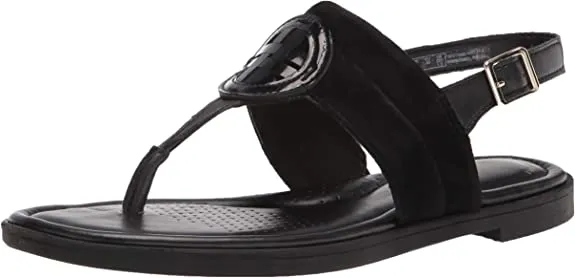 Clarks Women's Reyna Glam Flat Sandal, Black Synthetic Interest Combi, 6