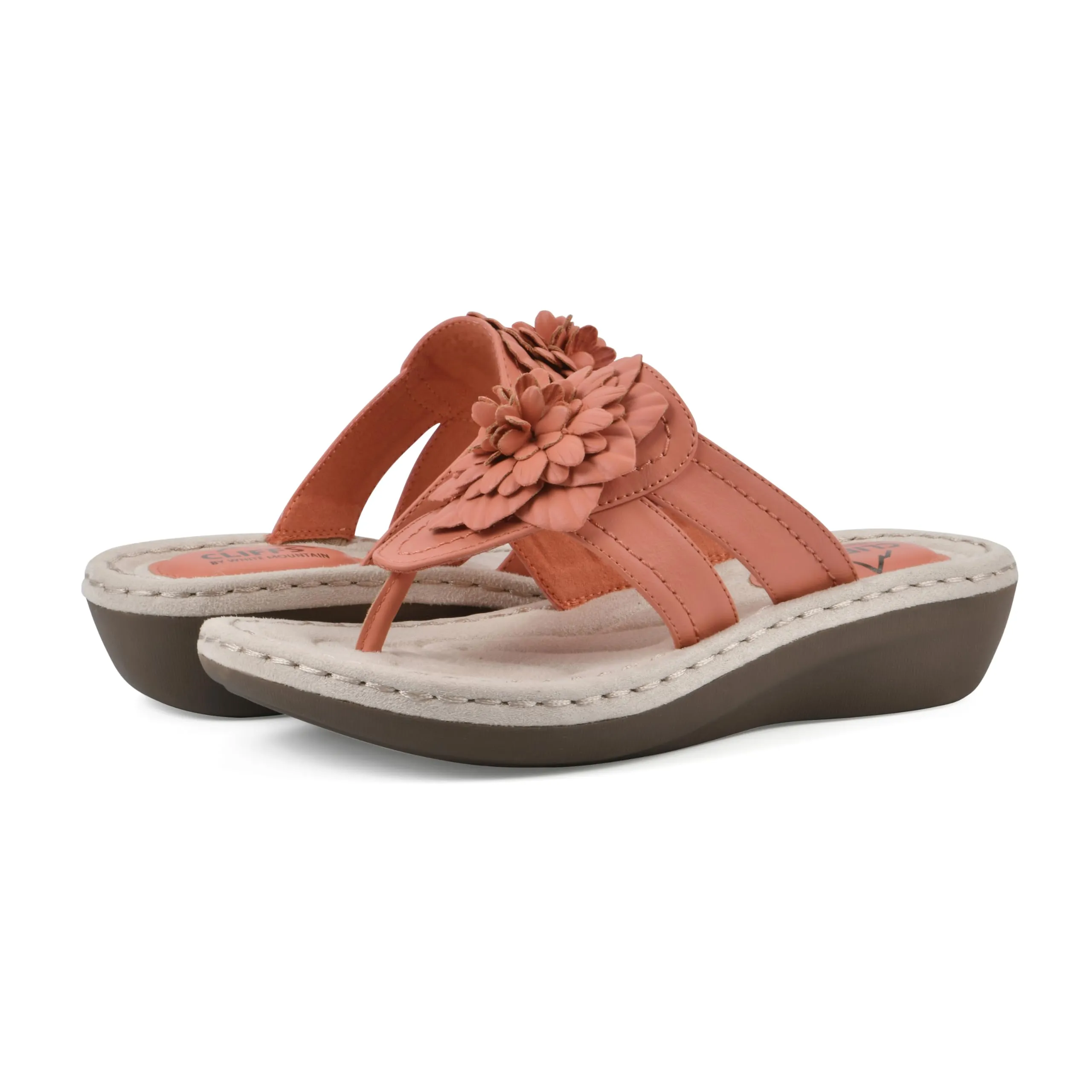 CLIFFS BY WHITE MOUNTAIN Women's Cassia Mini Wedge Flower Flip Flop Sandal, Orange/Smooth, 11 W