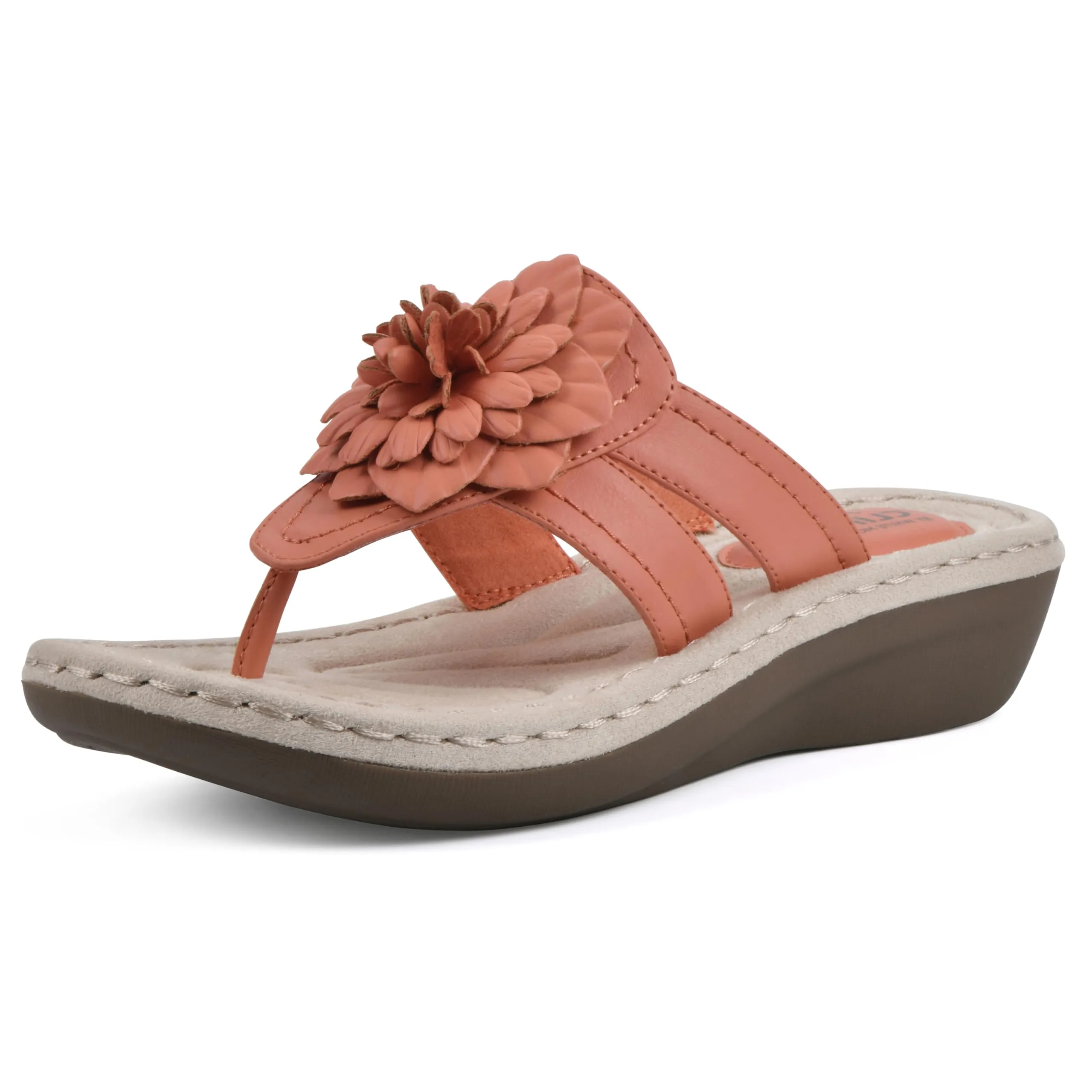 CLIFFS BY WHITE MOUNTAIN Women's Cassia Mini Wedge Flower Flip Flop Sandal, Orange/Smooth, 11 W