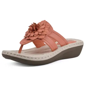 CLIFFS BY WHITE MOUNTAIN Women's Cassia Mini Wedge Flower Flip Flop Sandal, Orange/Smooth, 11 W