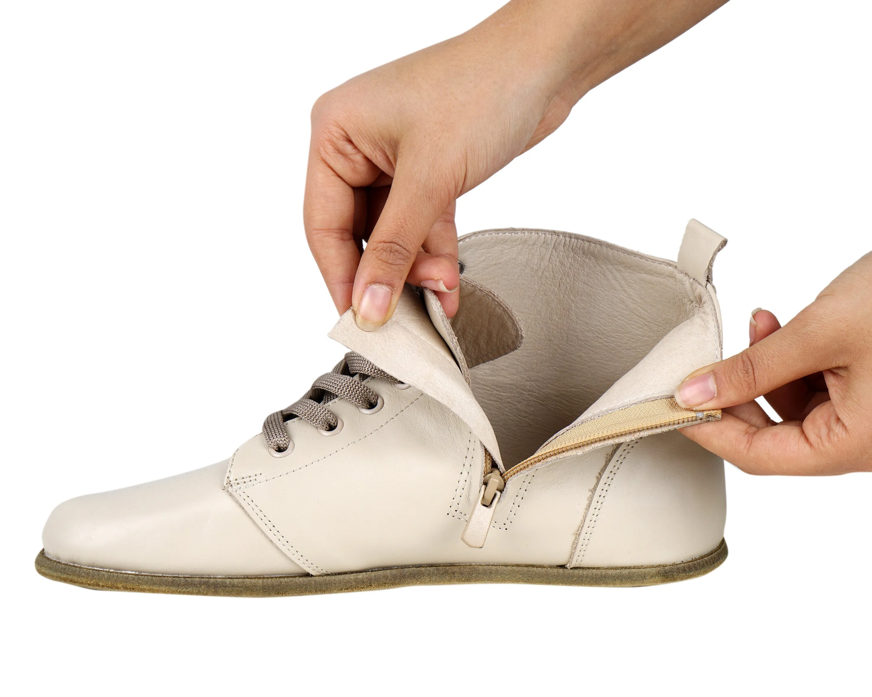 Cream Short Boots Wide Barefoot Smooth Leather Handmade Shoes