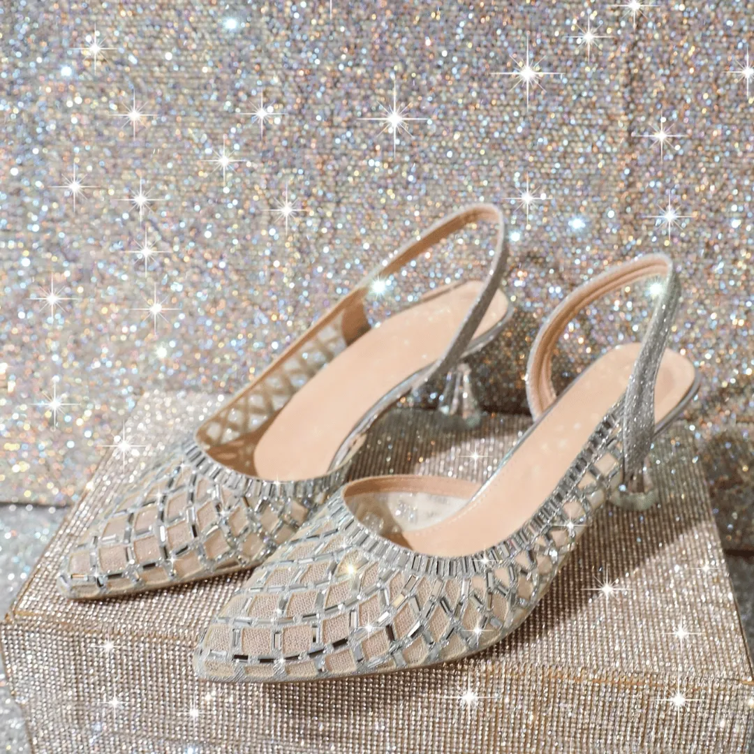 Designer Glitter Bridal High Heels - Cut-Out Design, Rhinestone Pumps, Slingback Heels, Wedding Shoes