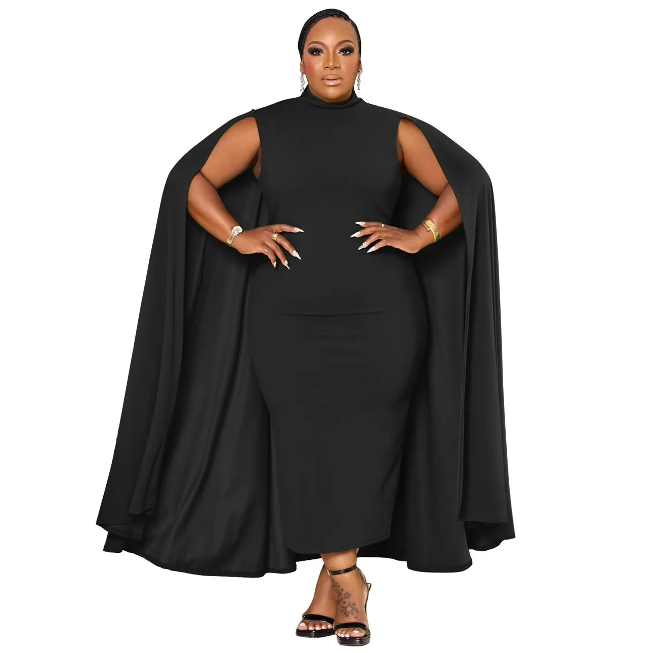 Elegant Cape-Style Plus Size Bodycon Dress with Sophisticated Design