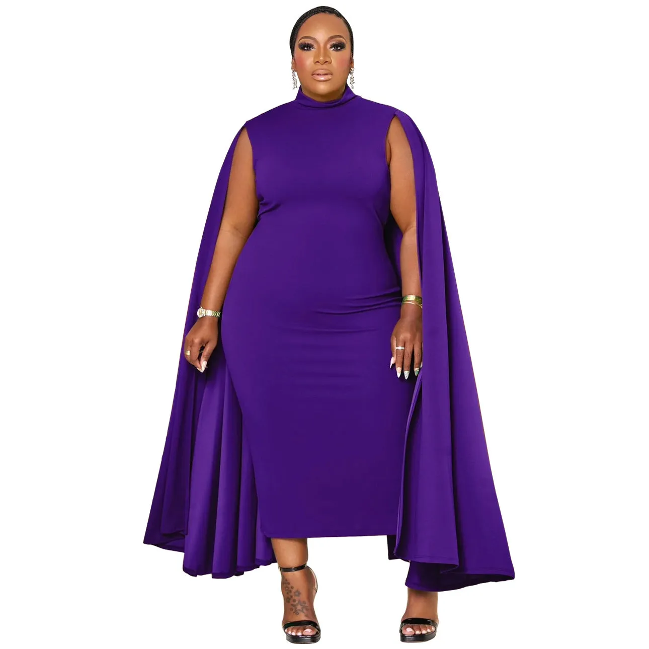 Elegant Cape-Style Plus Size Bodycon Dress with Sophisticated Design
