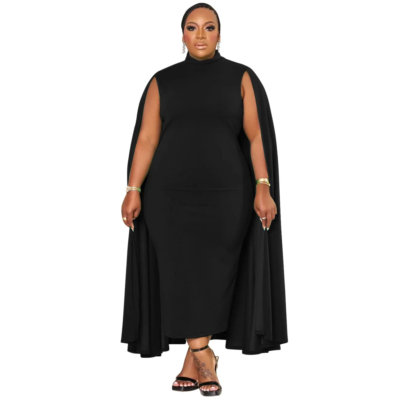 Elegant Cape-Style Plus Size Bodycon Dress with Sophisticated Design