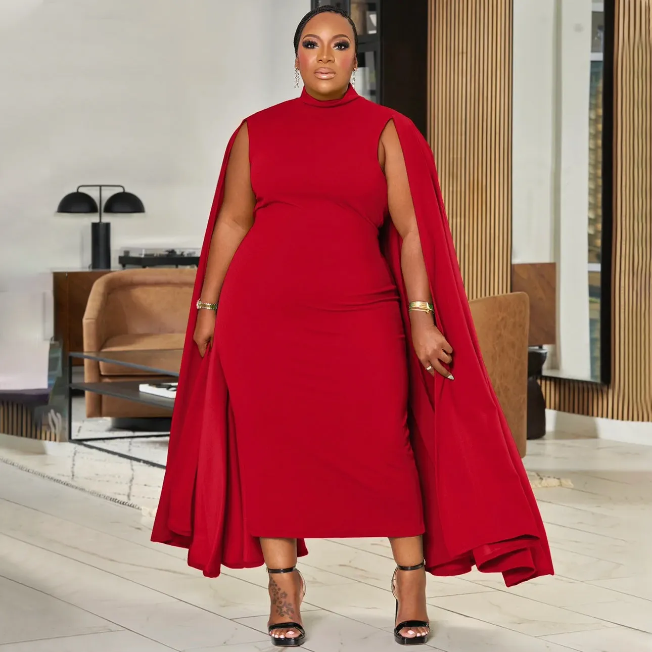 Elegant Cape-Style Plus Size Bodycon Dress with Sophisticated Design