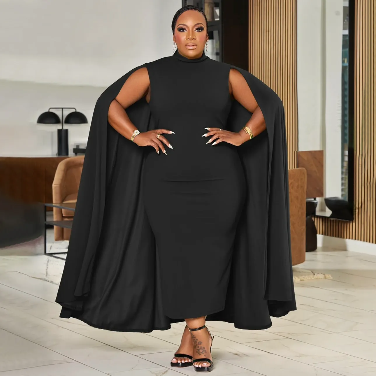 Elegant Cape-Style Plus Size Bodycon Dress with Sophisticated Design