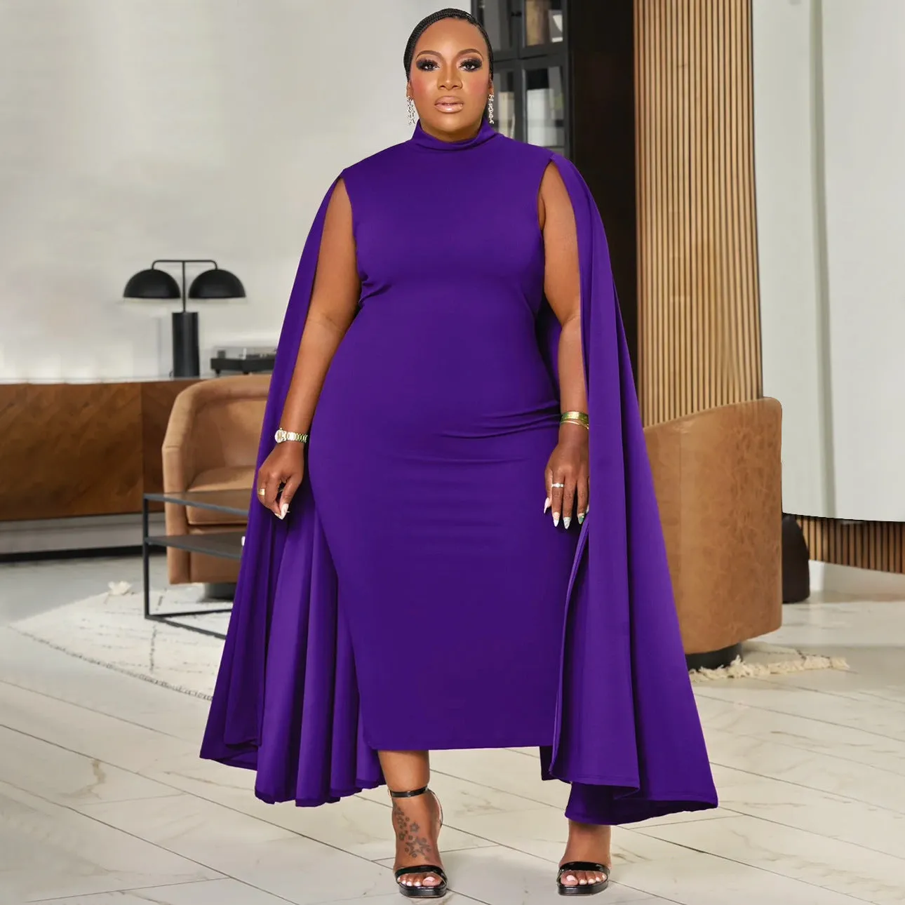 Elegant Cape-Style Plus Size Bodycon Dress with Sophisticated Design