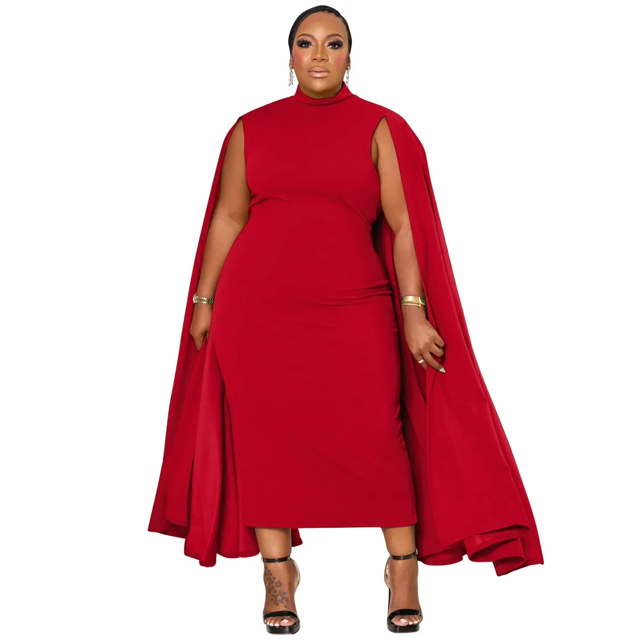 Elegant Cape-Style Plus Size Bodycon Dress with Sophisticated Design