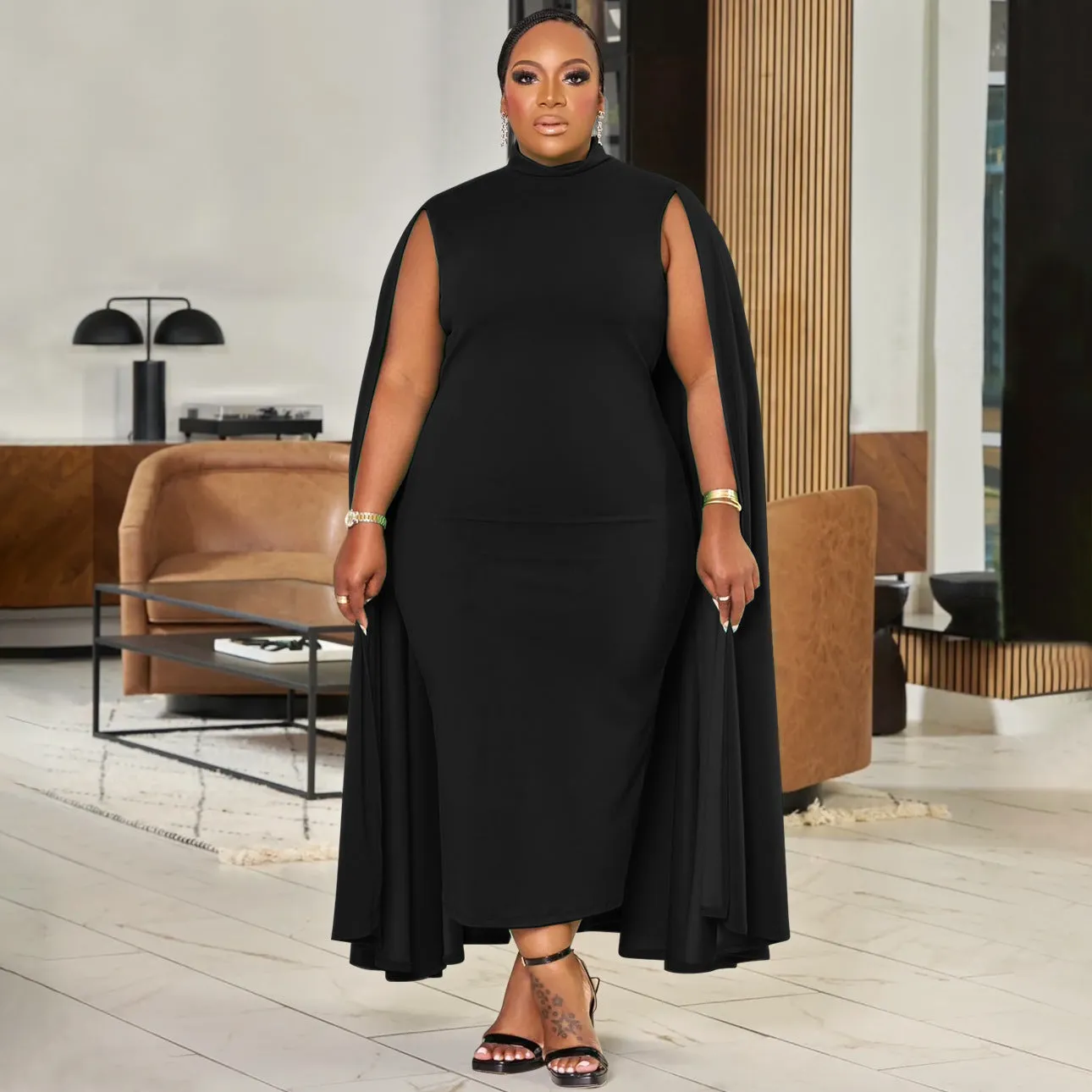 Elegant Cape-Style Plus Size Bodycon Dress with Sophisticated Design
