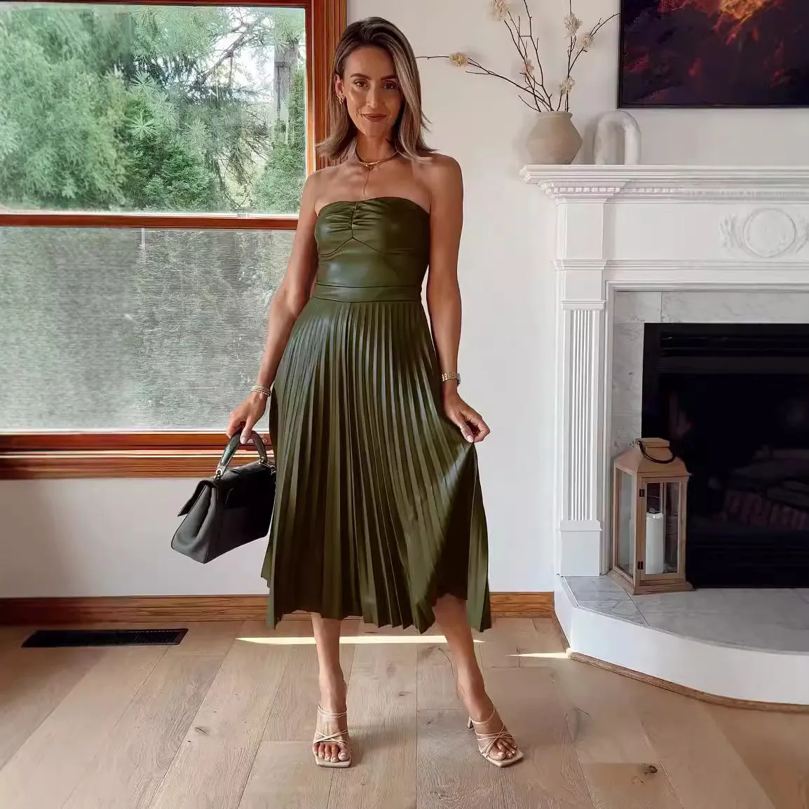 Elegant Pleated Strapless Leather Dress with Ruched Bodice and Flowing Skirt for Effortless Sophistication