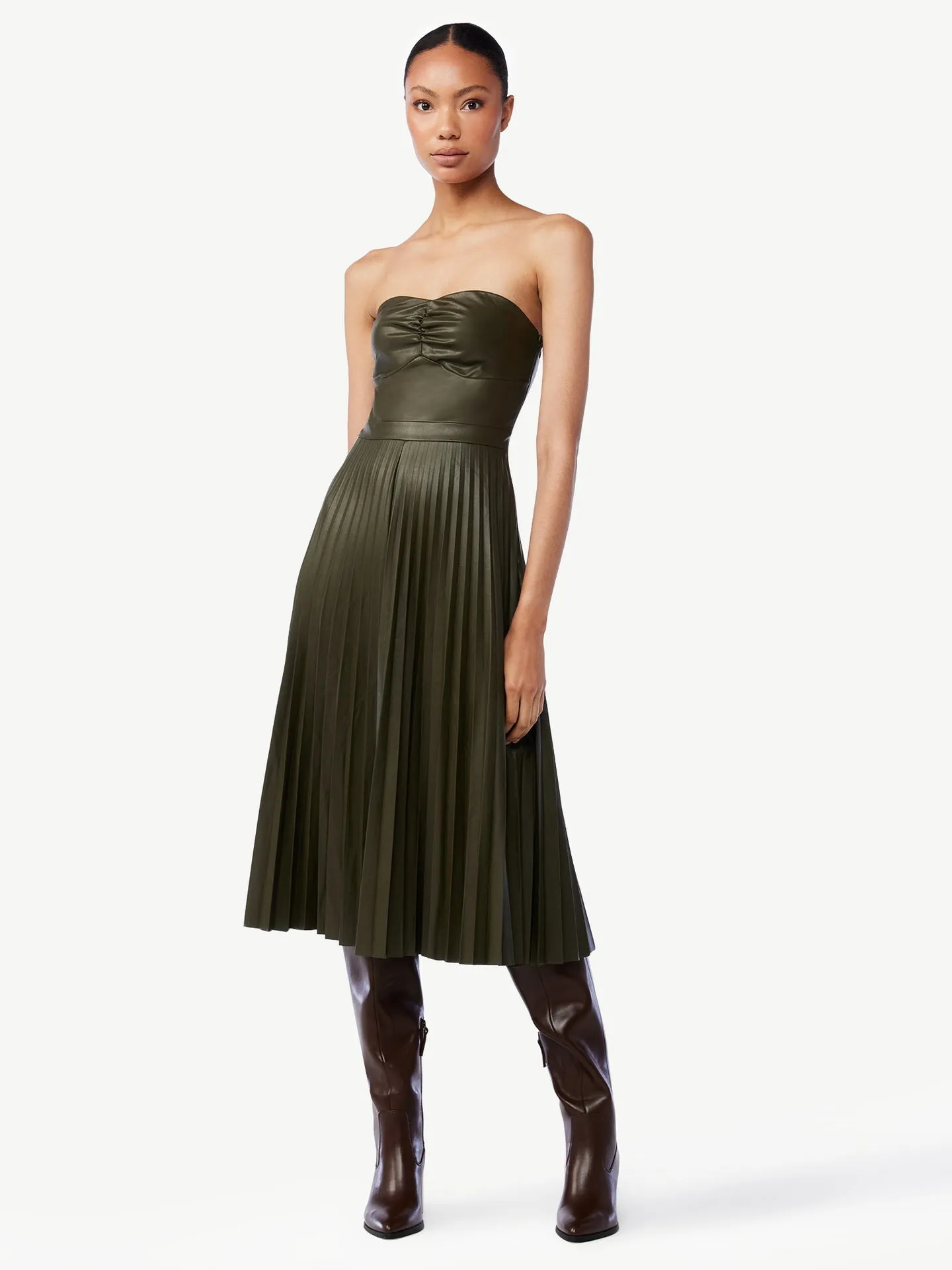 Elegant Pleated Strapless Leather Dress with Ruched Bodice and Flowing Skirt for Effortless Sophistication
