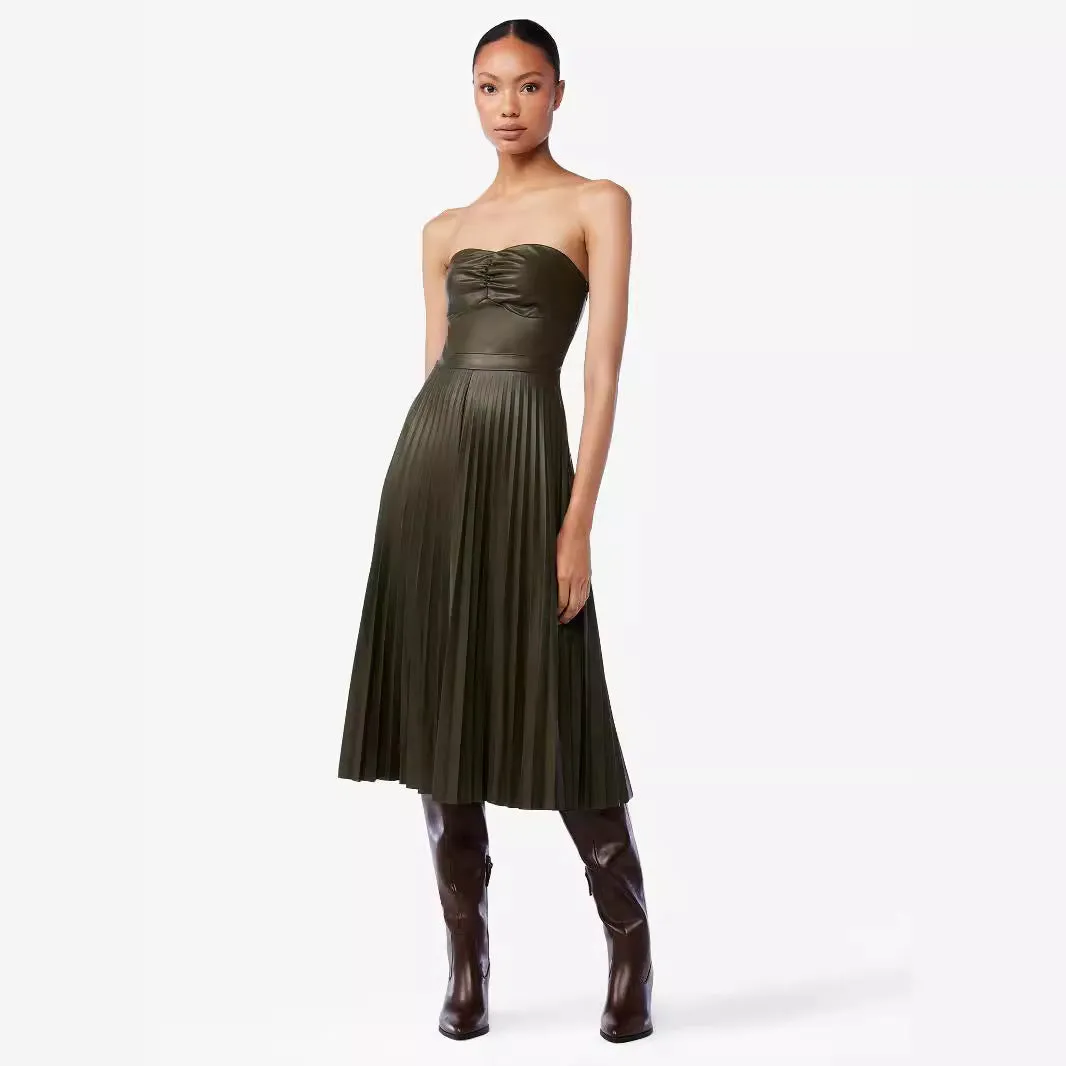 Elegant Pleated Strapless Leather Dress with Ruched Bodice and Flowing Skirt for Effortless Sophistication