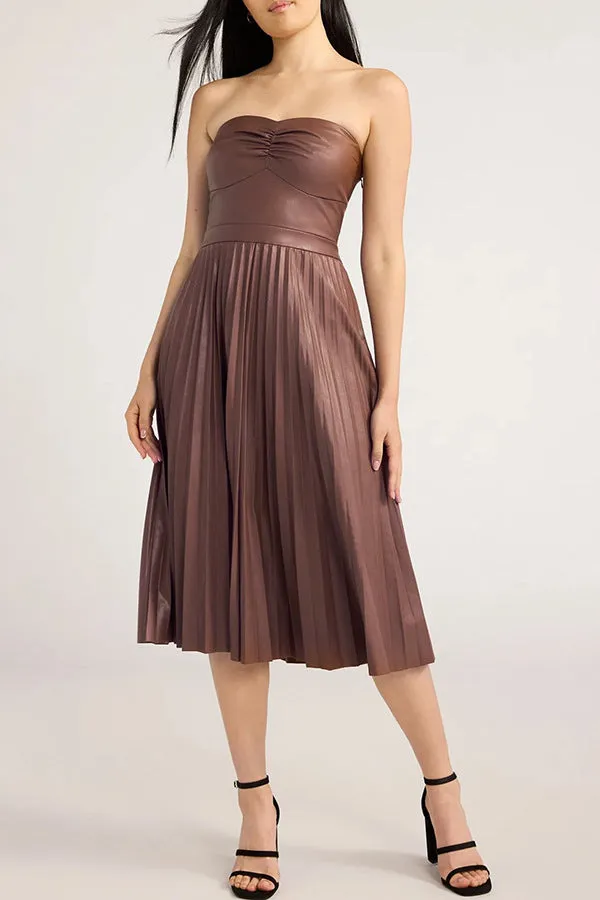Elegant Pleated Strapless Leather Dress with Ruched Bodice and Flowing Skirt for Effortless Sophistication