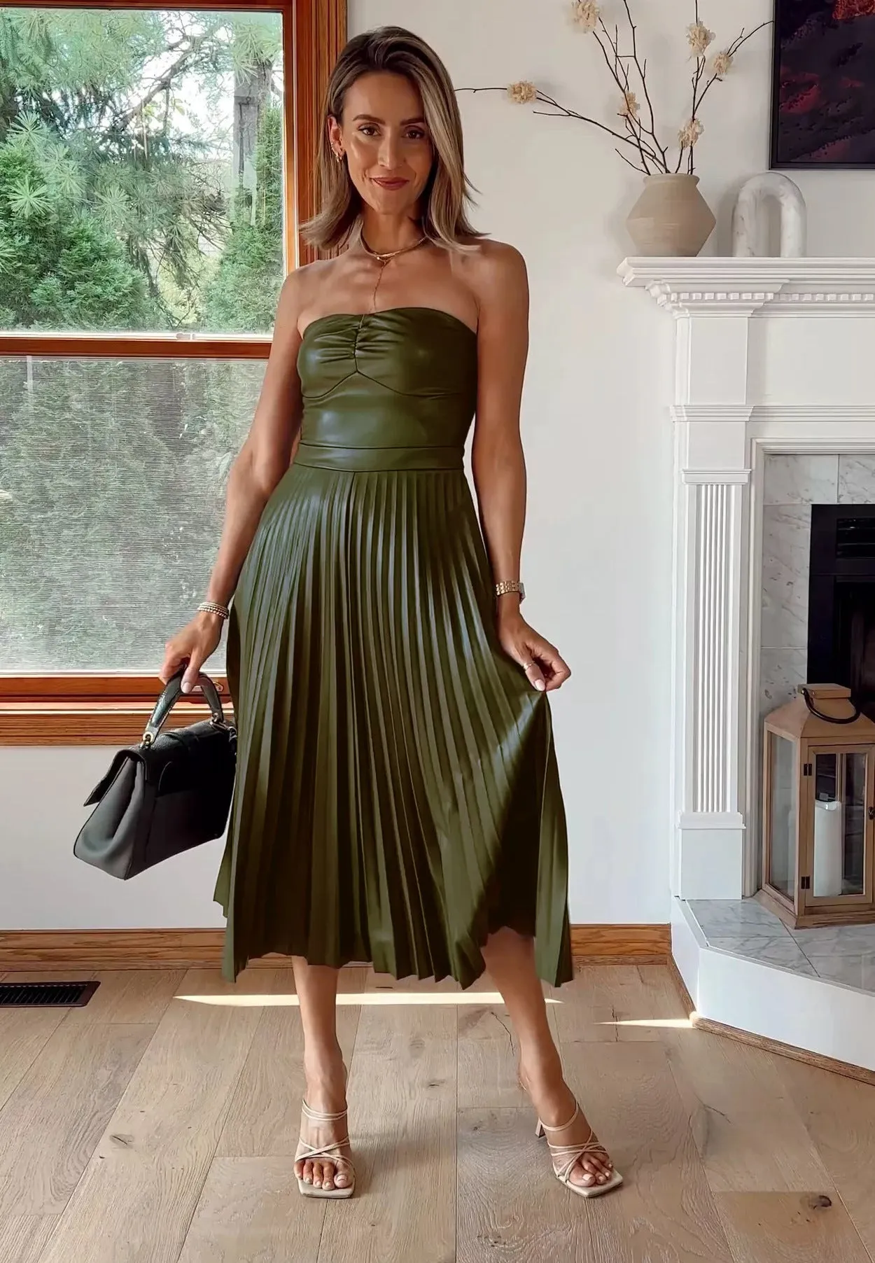 Elegant Pleated Strapless Leather Dress with Ruched Bodice and Flowing Skirt for Effortless Sophistication
