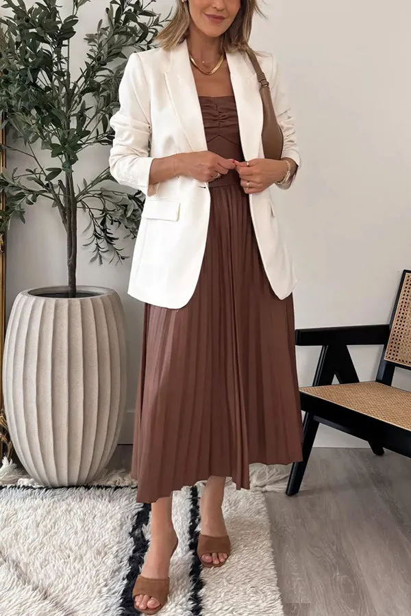 Elegant Pleated Strapless Leather Dress with Ruched Bodice and Flowing Skirt for Effortless Sophistication
