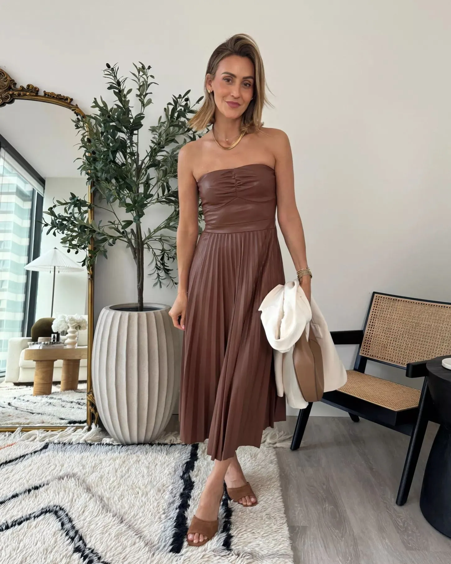 Elegant Pleated Strapless Leather Dress with Ruched Bodice and Flowing Skirt for Effortless Sophistication
