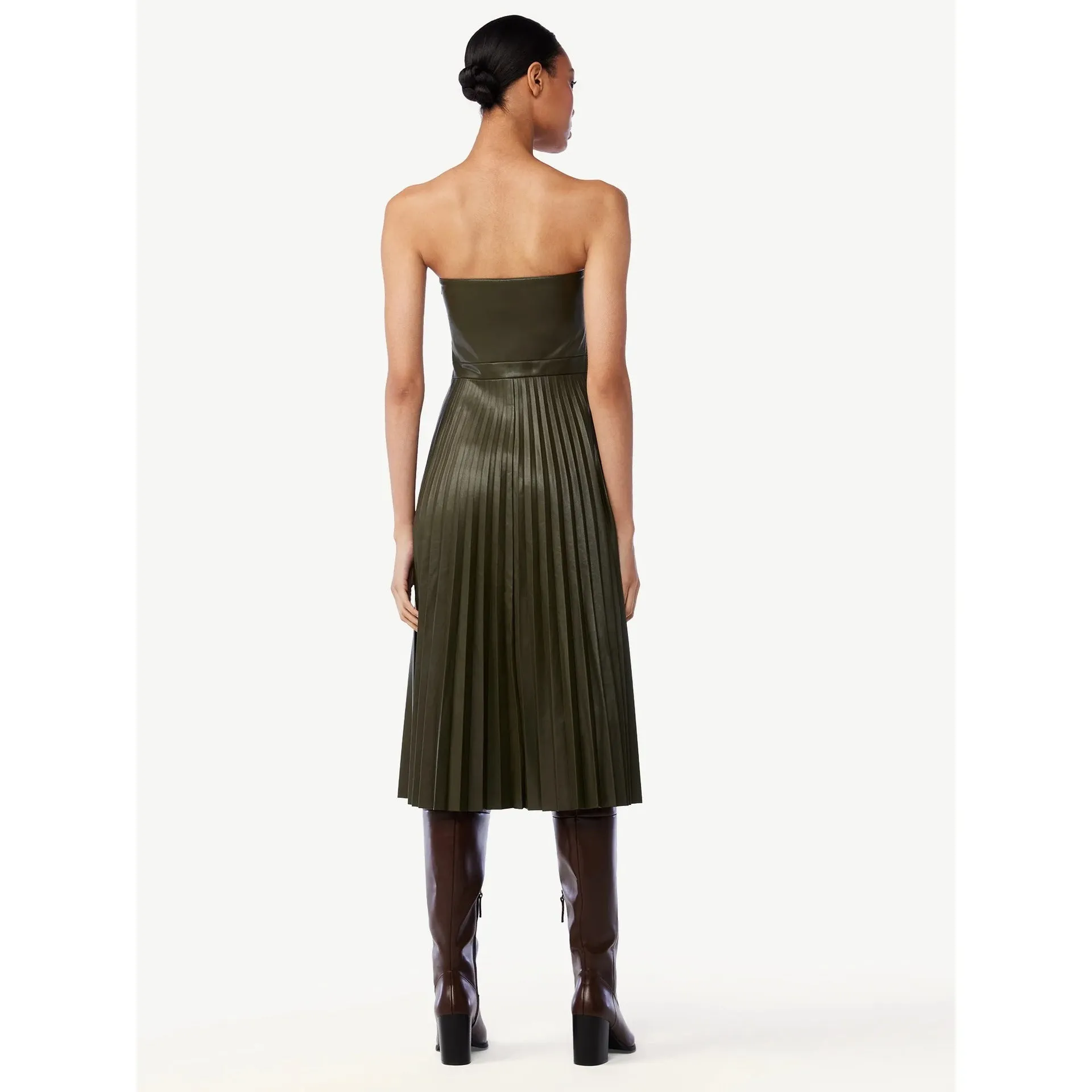 Elegant Pleated Strapless Leather Dress with Ruched Bodice and Flowing Skirt for Effortless Sophistication