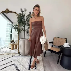 Elegant Pleated Strapless Leather Dress with Ruched Bodice and Flowing Skirt for Effortless Sophistication