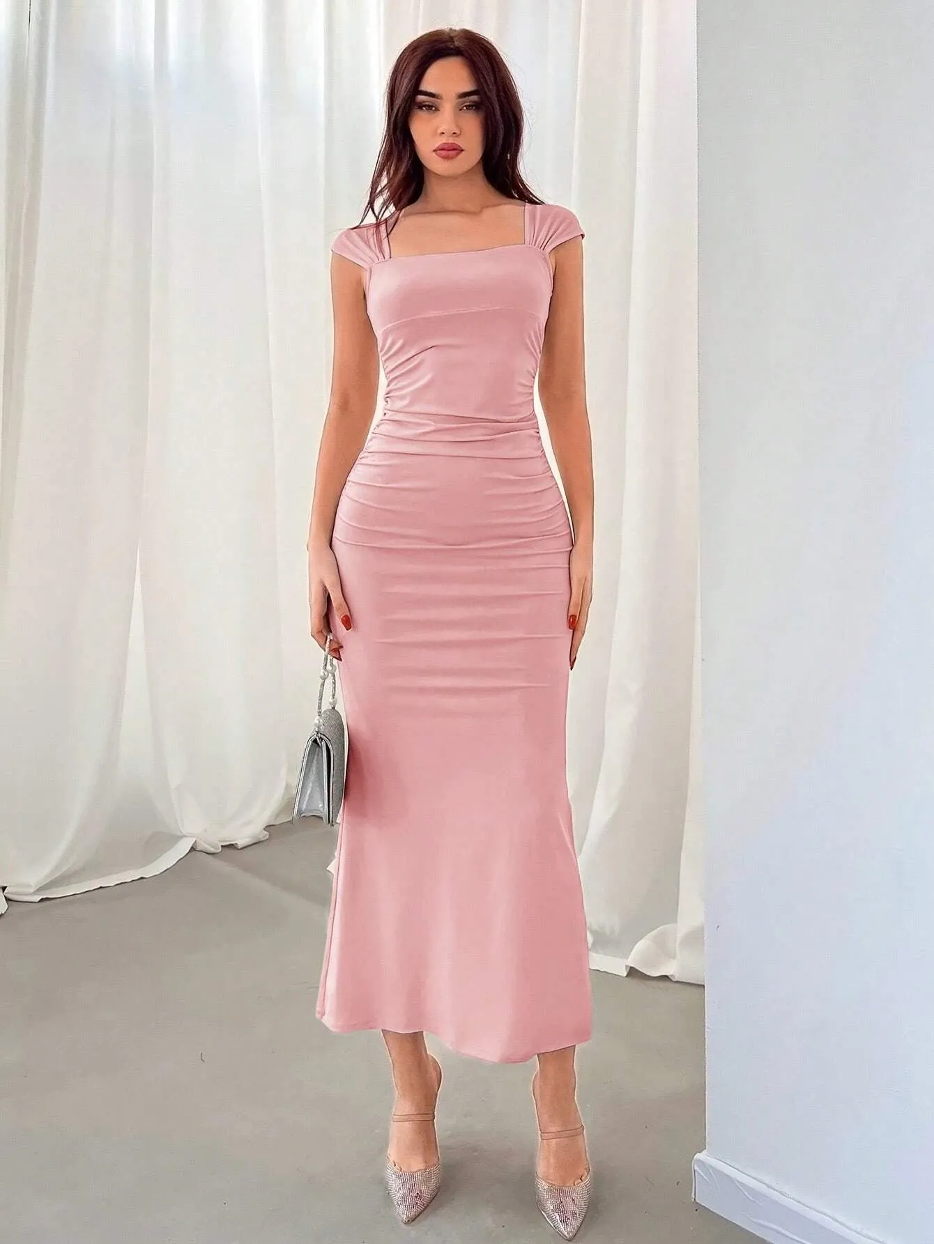 Elegant Slim Fit Pleated Long Dress with Square Neckline