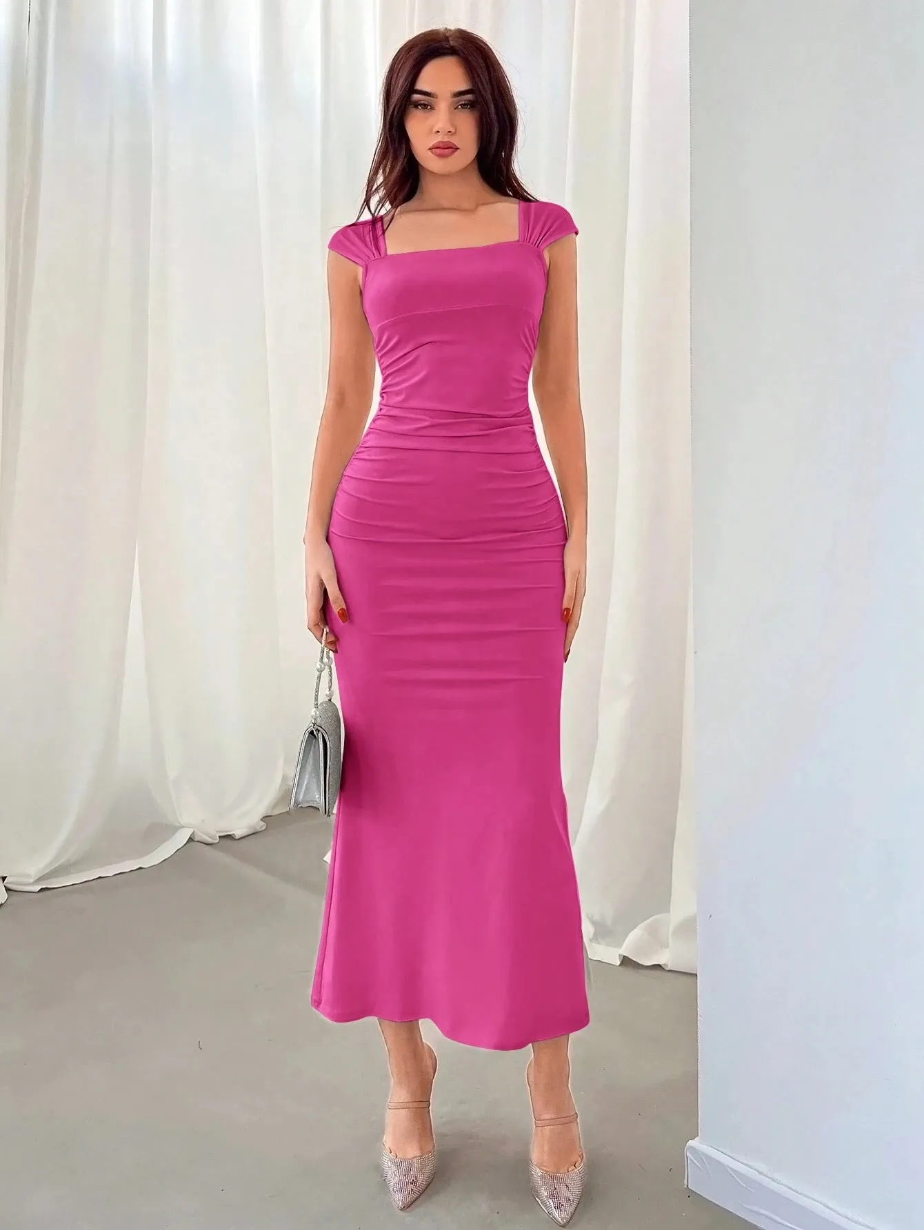 Elegant Slim Fit Pleated Long Dress with Square Neckline