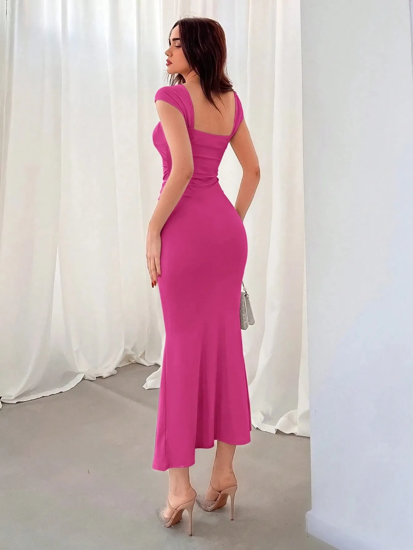 Elegant Slim Fit Pleated Long Dress with Square Neckline
