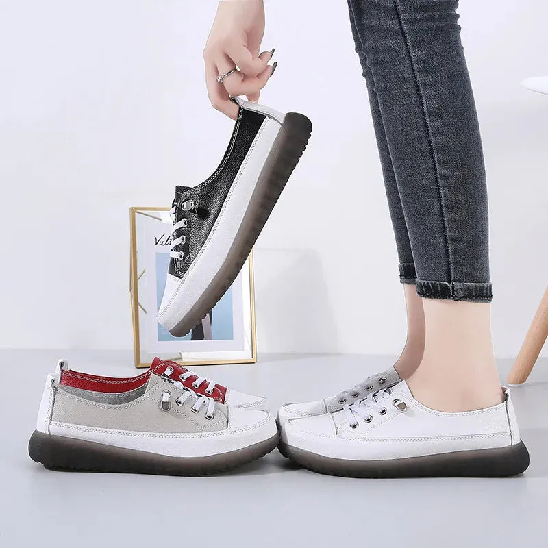 Genuine Leather Vulcanized Shoes Women Jogging Sneakers Woman Lace Up Flat Walking Trainers Fitness Cross-training