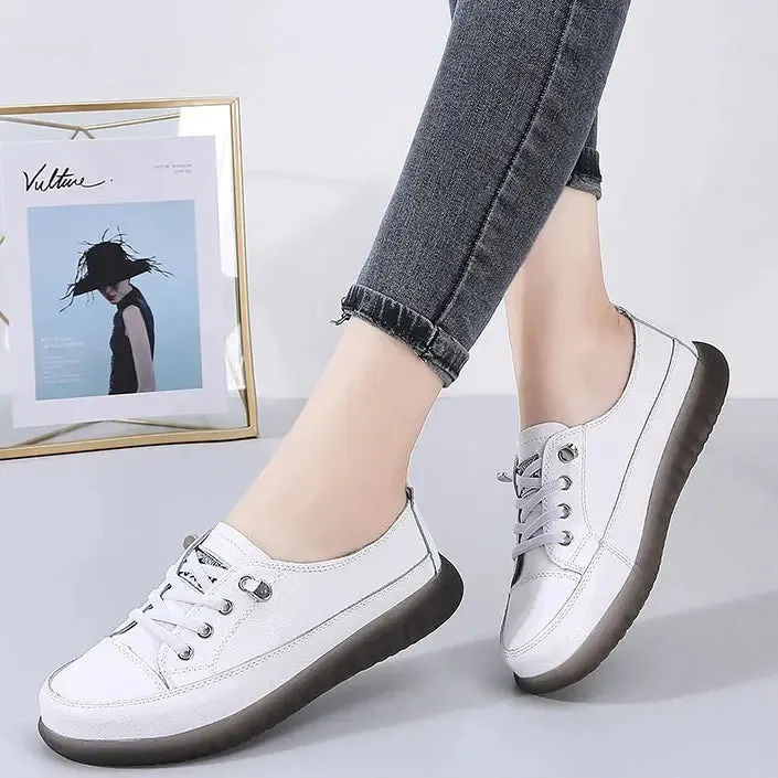 Genuine Leather Vulcanized Shoes Women Jogging Sneakers Woman Lace Up Flat Walking Trainers Fitness Cross-training
