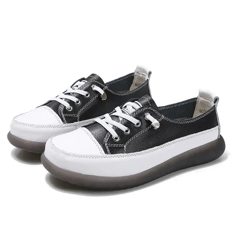 Genuine Leather Vulcanized Shoes Women Jogging Sneakers Woman Lace Up Flat Walking Trainers Fitness Cross-training