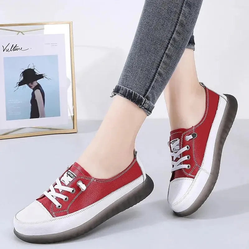 Genuine Leather Vulcanized Shoes Women Jogging Sneakers Woman Lace Up Flat Walking Trainers Fitness Cross-training