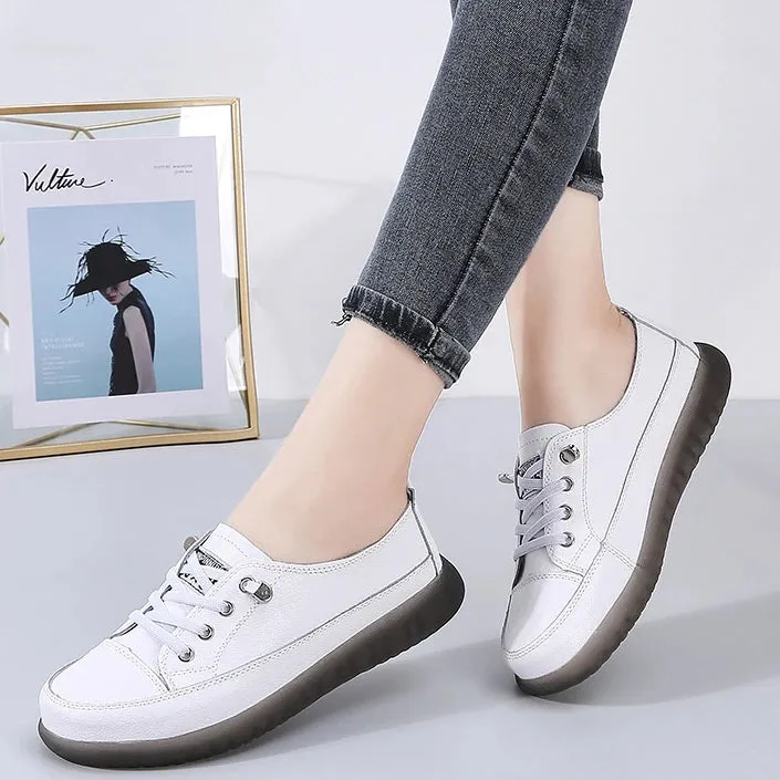 Genuine Leather Vulcanized Shoes Women Jogging Sneakers Woman Lace Up Flat Walking Trainers Fitness Cross-training