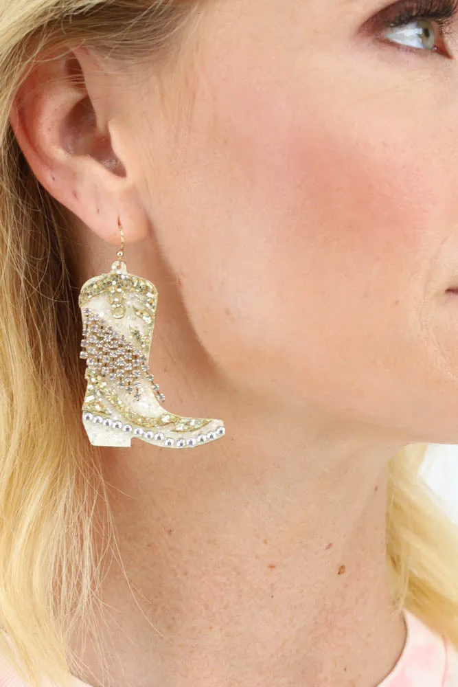 Glitter Boot Earrings -White