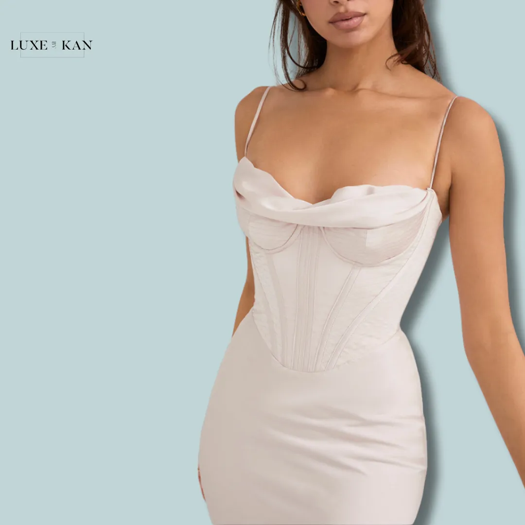 House of CB MYRNA 
CRYSTAL SATIN CORSET MIDI DRESS