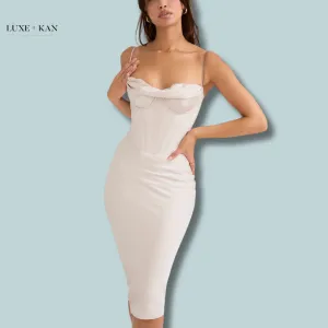 House of CB MYRNA 
CRYSTAL SATIN CORSET MIDI DRESS