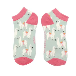 Llamas Bamboo Trainer Socks in Duck Egg by Miss Sparrow, Size UK 4-7