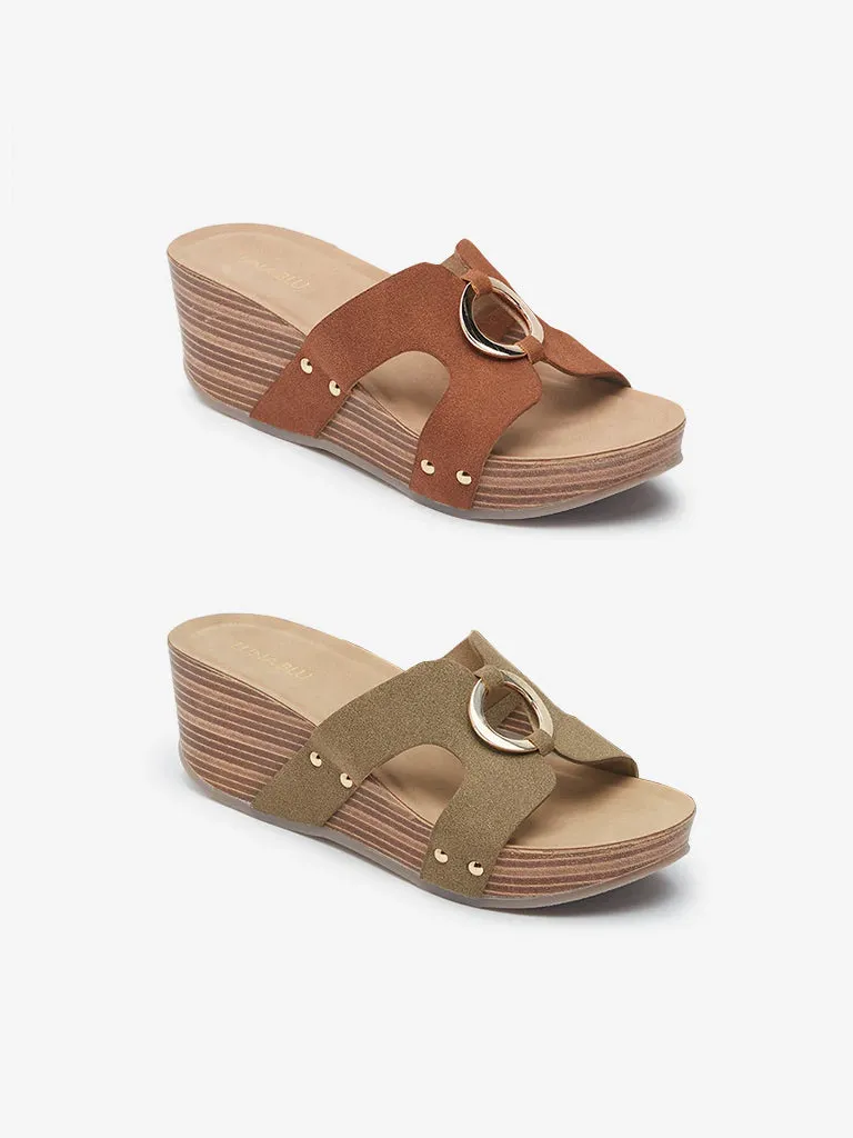 LUNA BLU Olive Metal-Detailed Wedge Heel Sandals