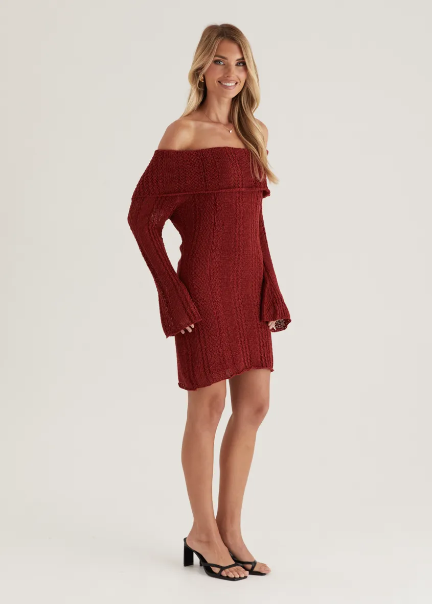 Luna Off Shoulder Knit Dress - Maroon